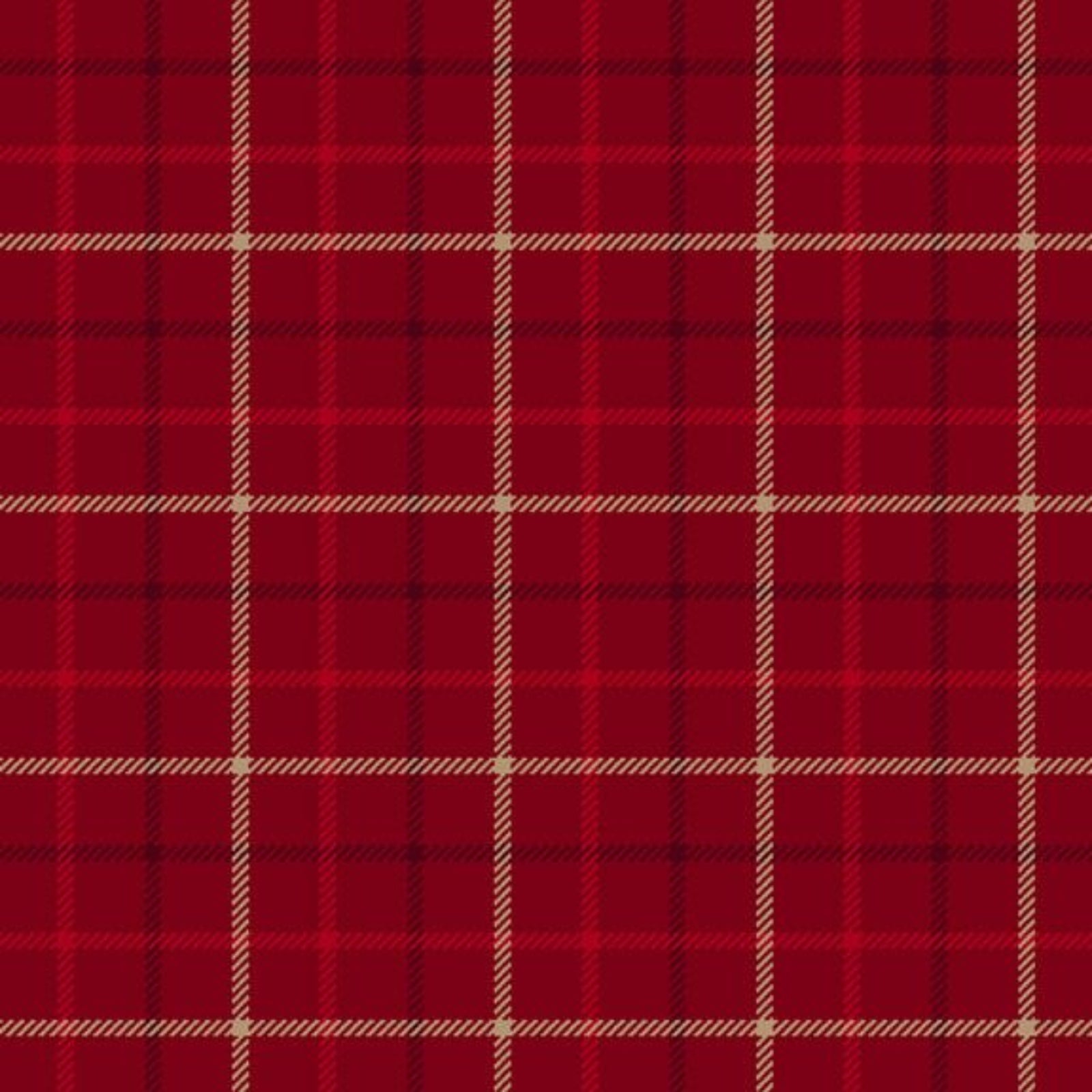 Red plaid fabric pattern with beige and black grid lines, shown as a flat texture closeup.
