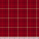 Red plaid fabric pattern with a grid of beige and dark red lines, shown flat with a ruler at the bottom indicating scale.