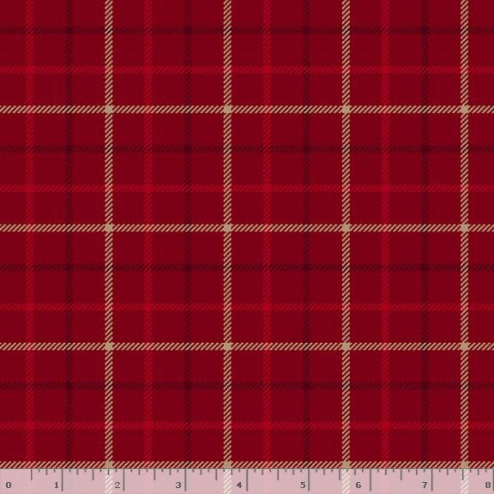 Red plaid fabric pattern with a grid of beige and dark red lines, shown flat with a ruler at the bottom indicating scale.
