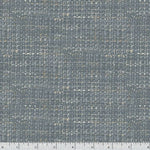 A close-up of a woven fabric texture in a heathered slate blue-gray color, with a ruler at the bottom edge showing measurement markings.