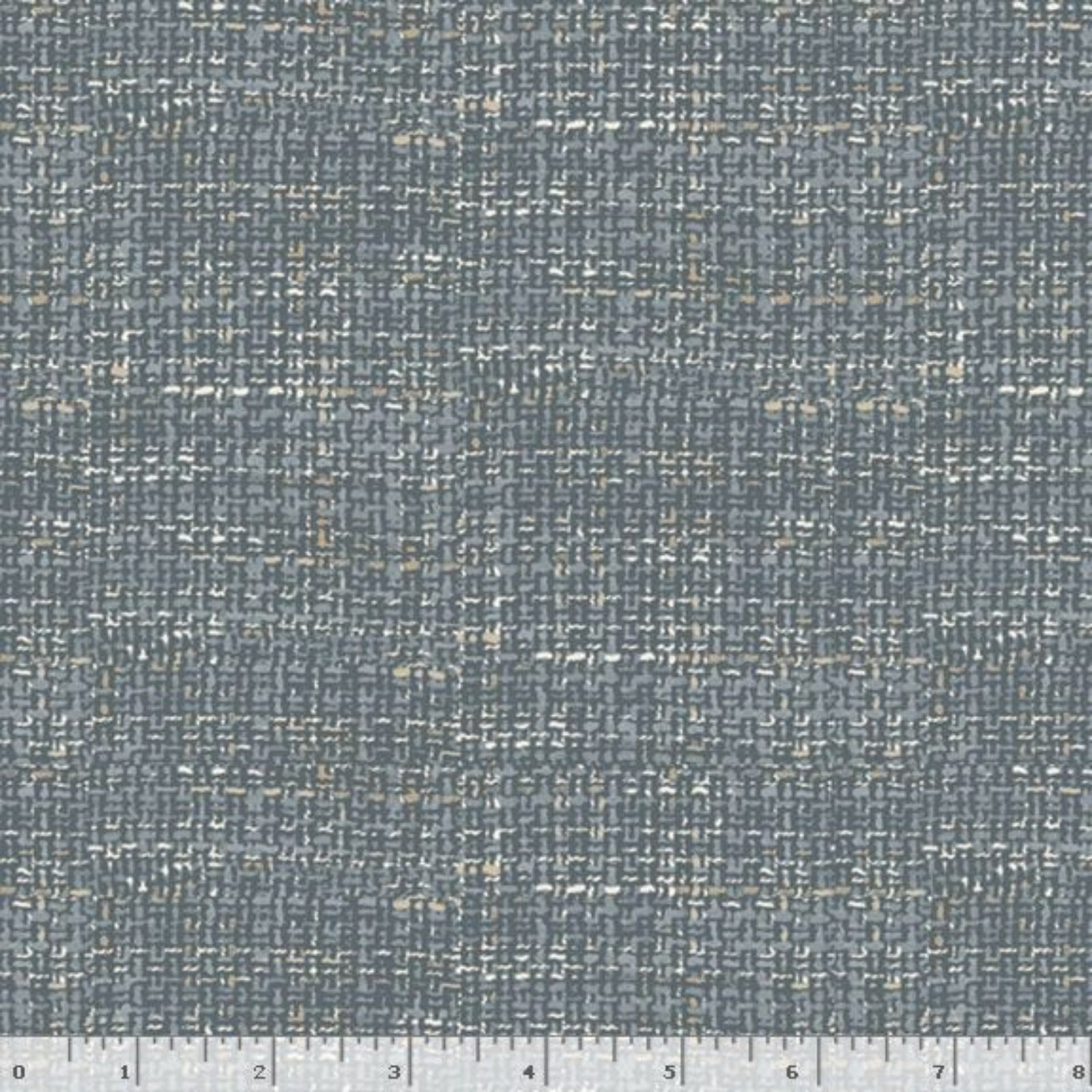 A close-up of a woven fabric texture in a heathered slate blue-gray color, with a ruler at the bottom edge showing measurement markings.