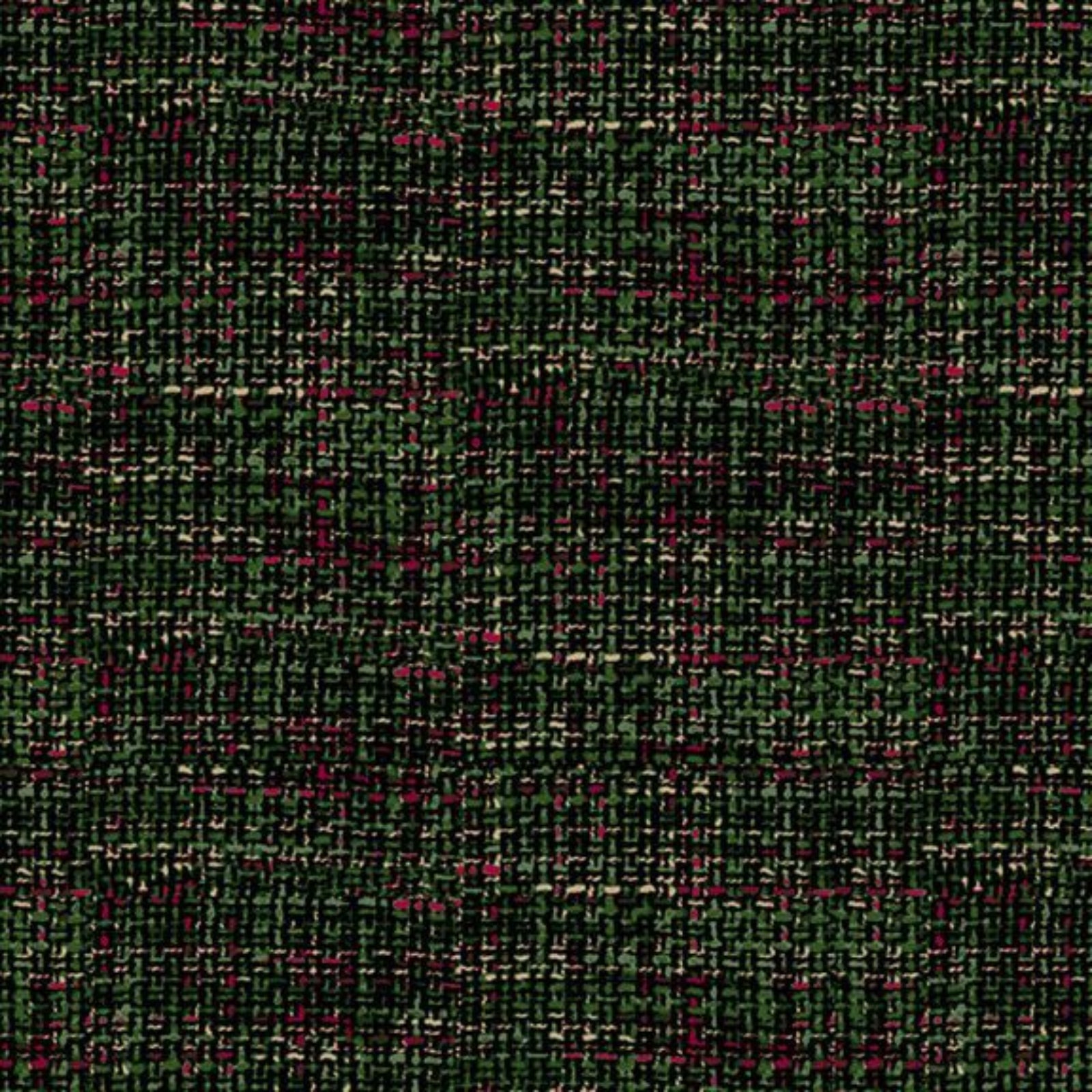 A close-up of a woven fabric texture with a dark green and black plaid pattern, accented by small pink and beige flecks.