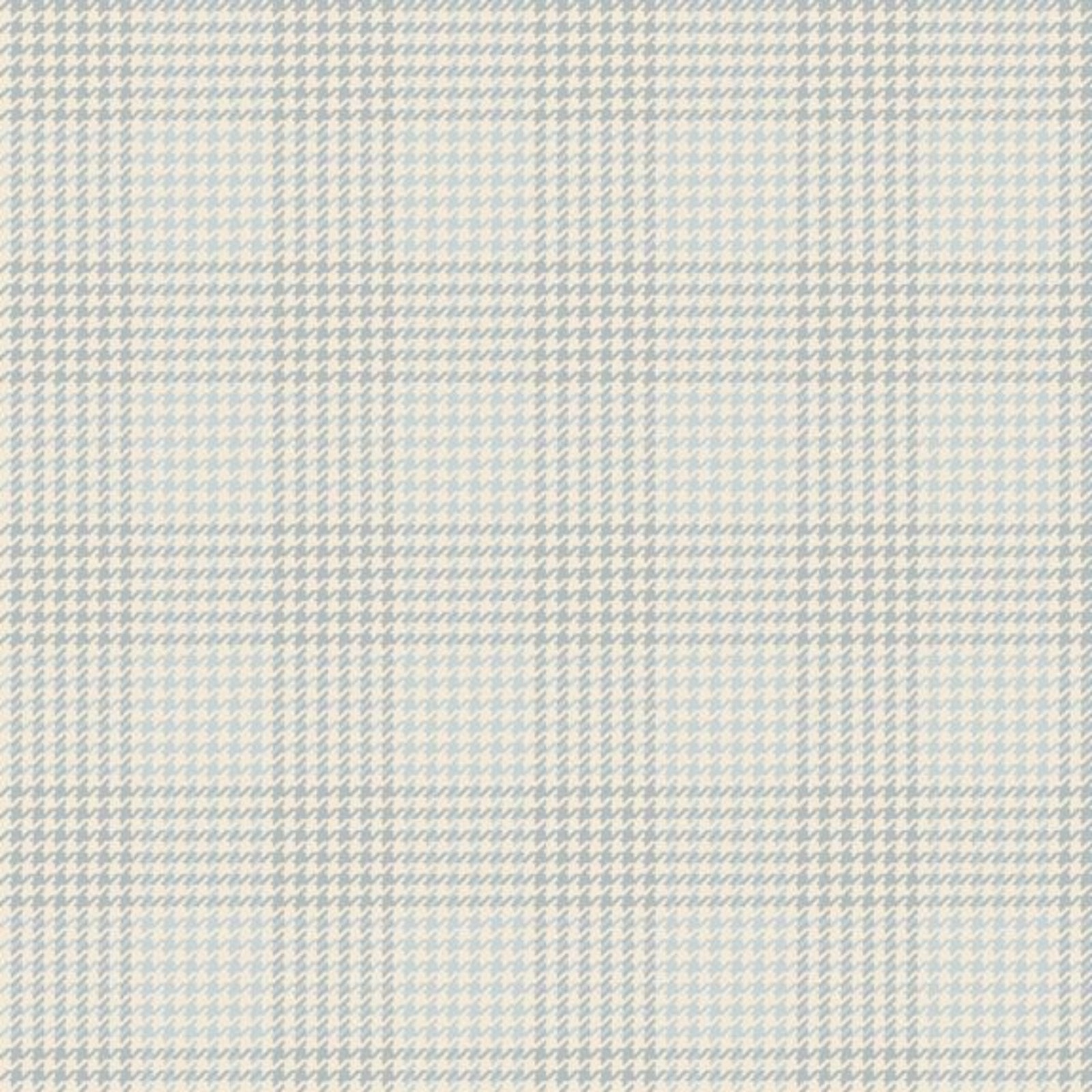 A close-up of a fabric pattern featuring a small-scale houndstooth weave overlaid with a light blue plaid check.