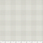 A close-up of a fabric pattern swatch showing a small-scale houndstooth or plaid-like check in light gray, white, and pale blue, with a ruler along the bottom edge for scale.