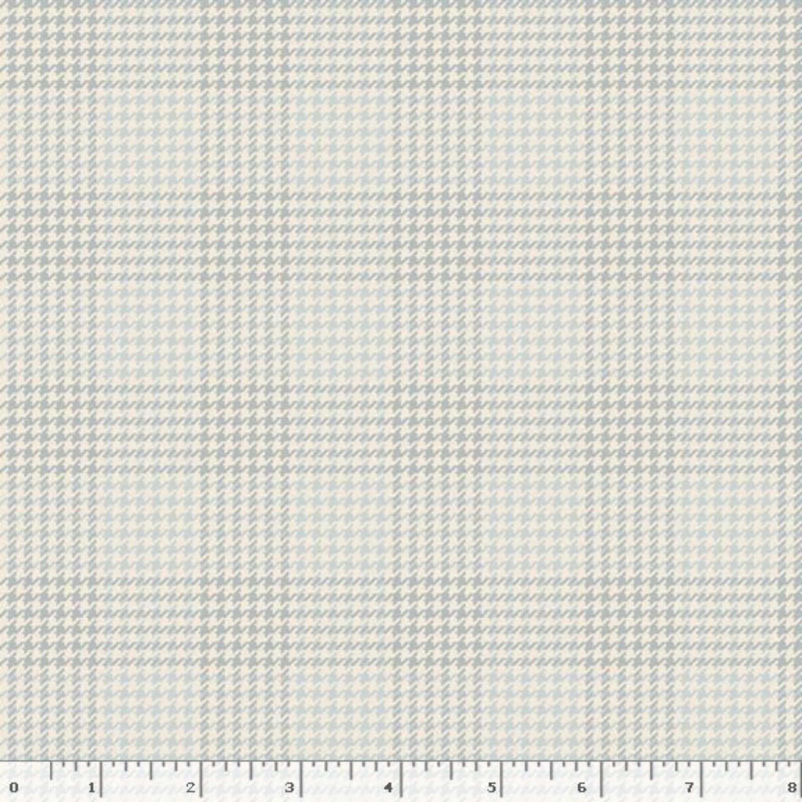 A close-up of a fabric pattern swatch showing a small-scale houndstooth or plaid-like check in light gray, white, and pale blue, with a ruler along the bottom edge for scale.