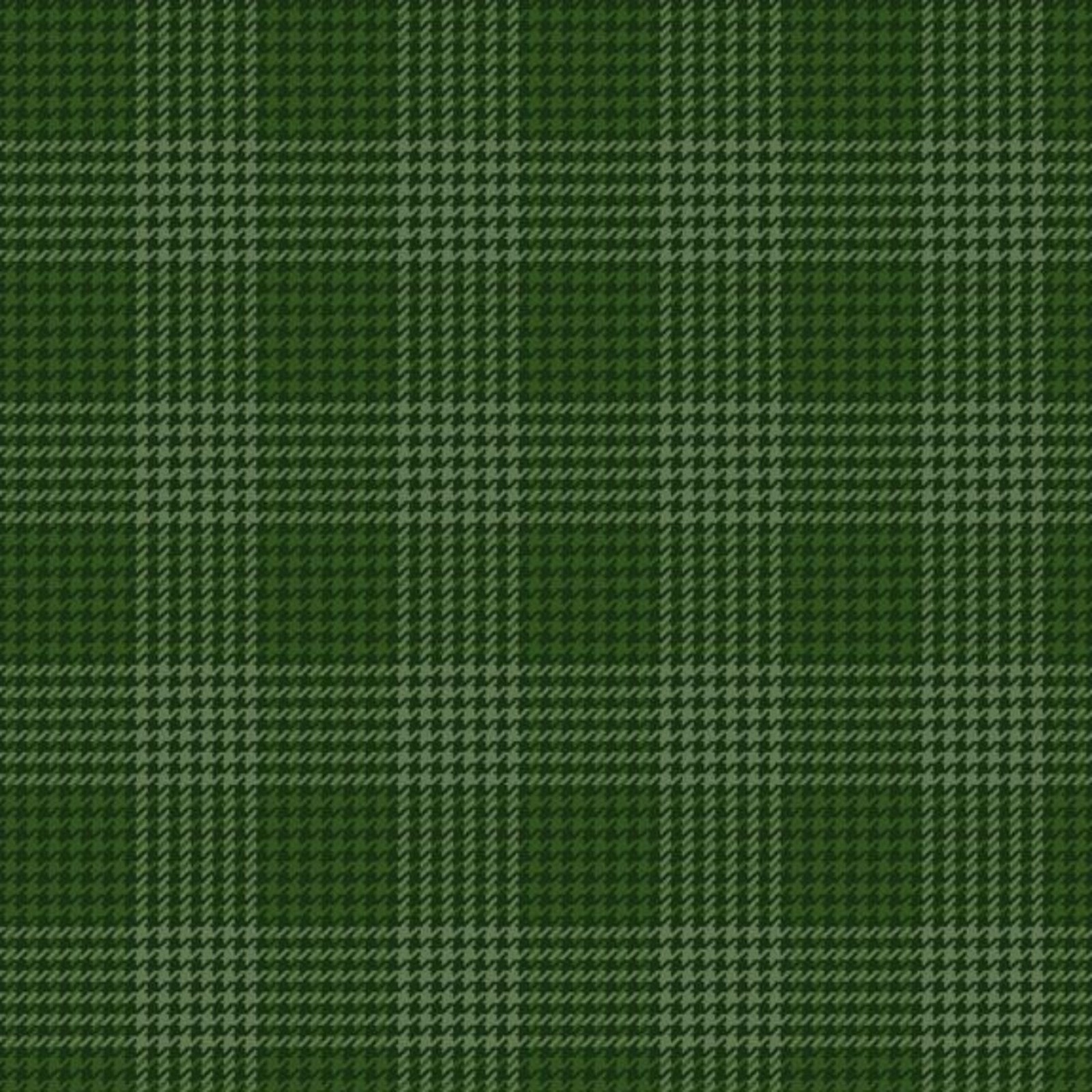 A close-up of a green plaid fabric pattern with intersecting light and dark green stripes in a woven houndstooth-like texture.