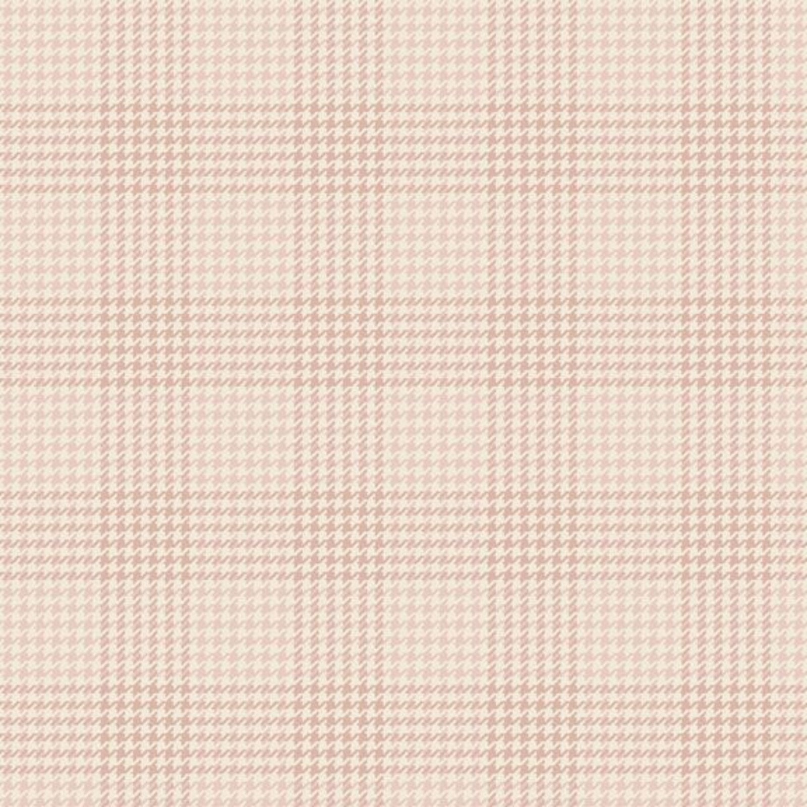 A close-up of a fabric pattern featuring a fine houndstooth weave overlaid with a soft pink plaid grid, in light beige and dusty pink tones.