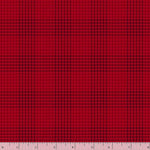 Red and black plaid fabric pattern shown flat, with a small ruler strip along the bottom edge for scale.