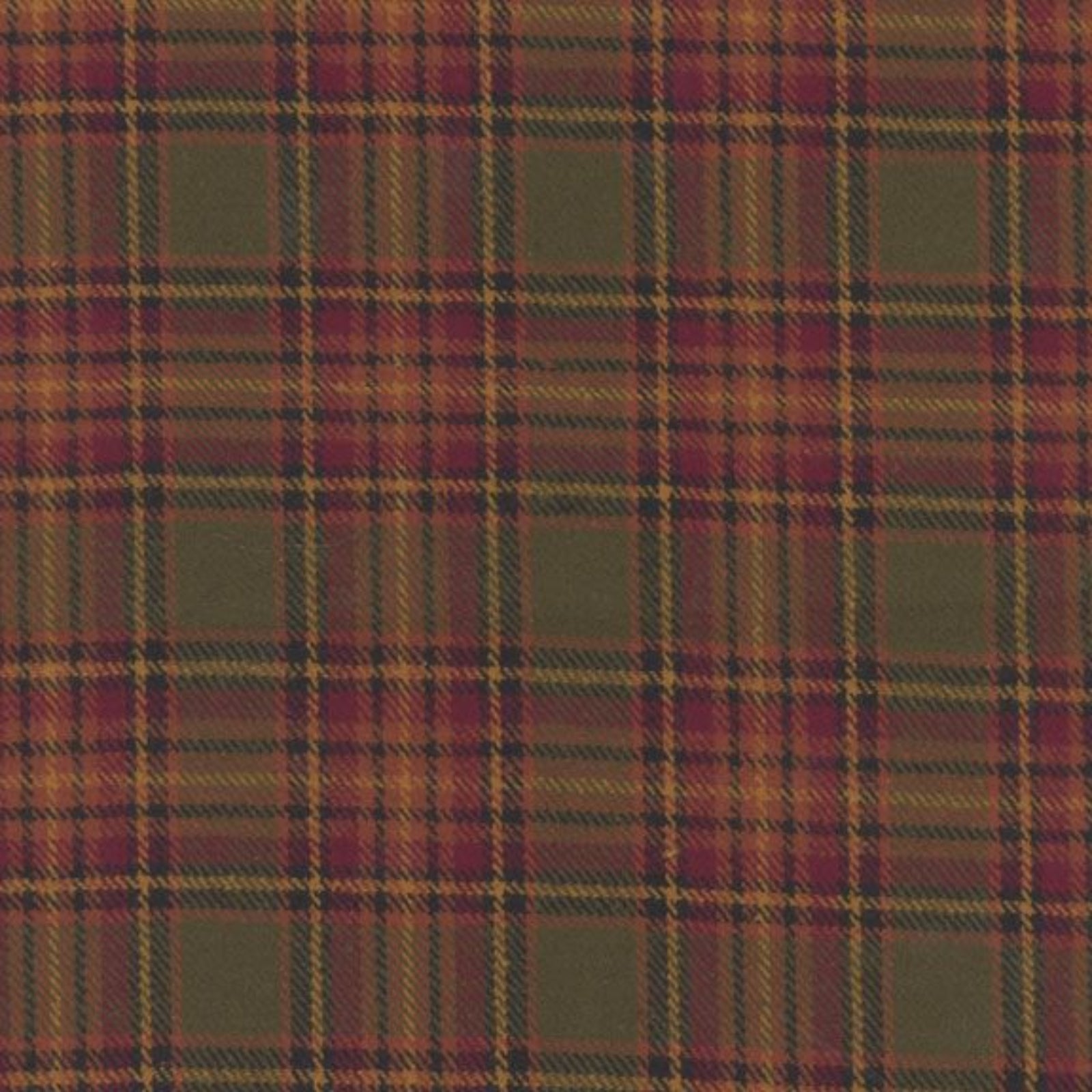 A close-up of a classic tartan plaid fabric pattern featuring olive green, burgundy red, mustard yellow, and dark brown stripes.
