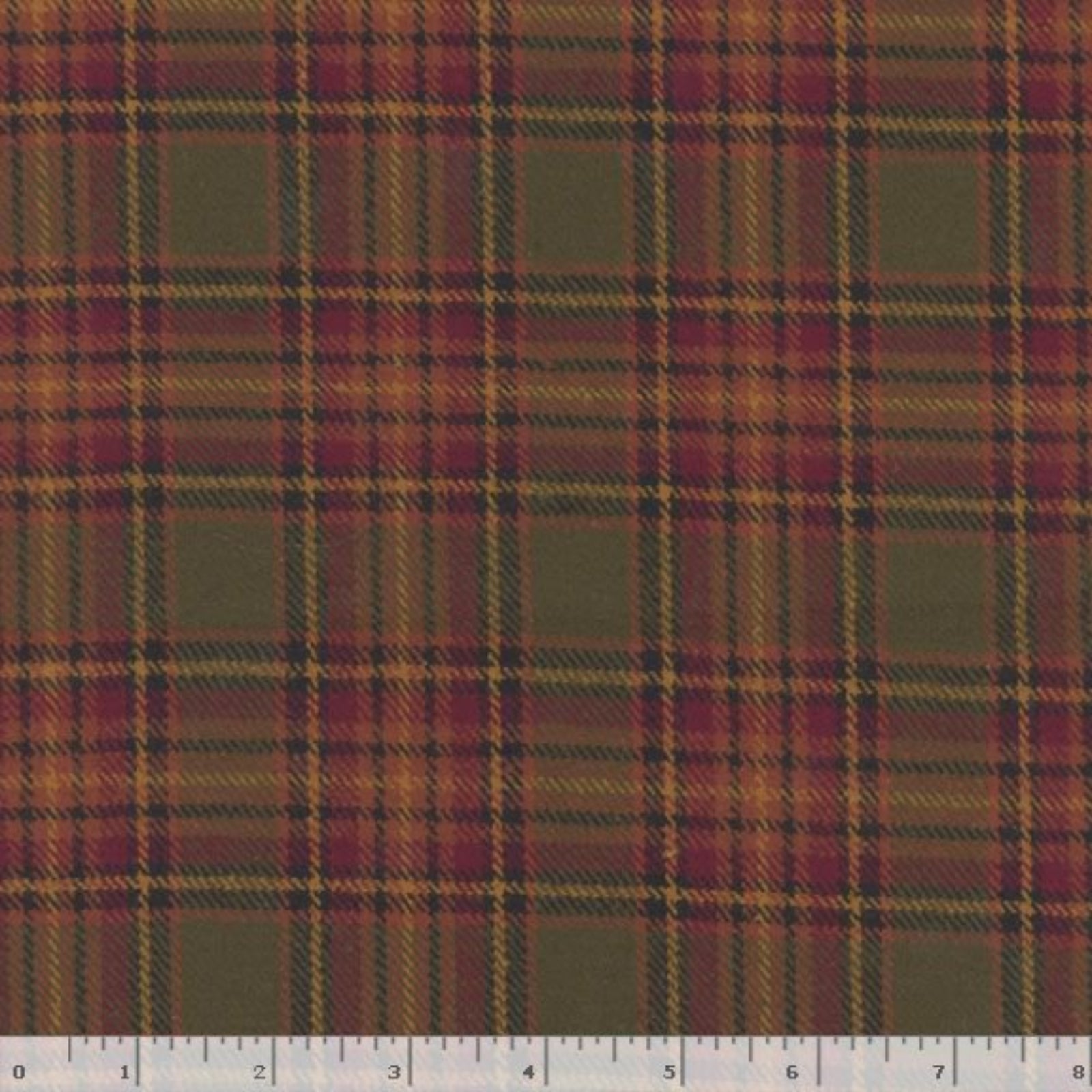 A close-up of a plaid fabric pattern with olive green, burgundy red, and mustard yellow stripes, with a white ruler at the bottom showing measurement markings.