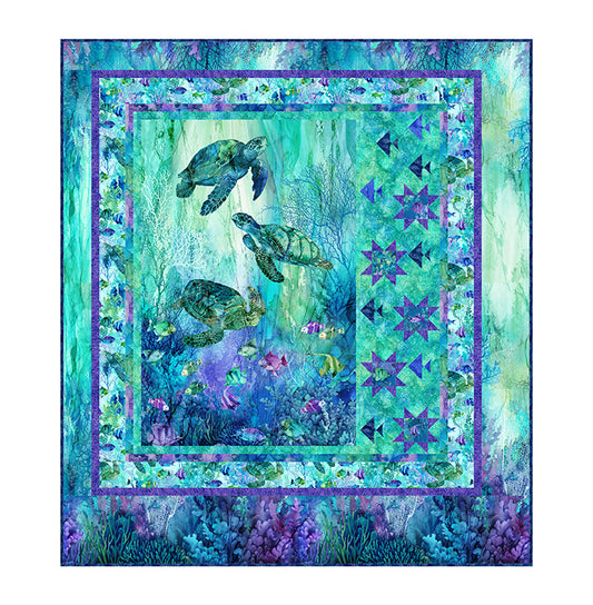 Quilt pattern with sea turtle design in a blue and green color scheme