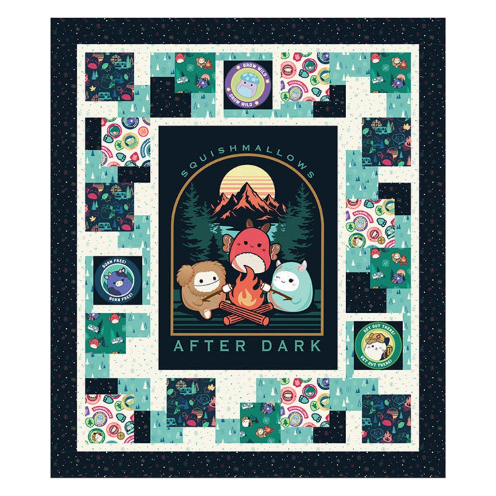 Quilt pattern with colorful patterns and 'Squishmallows After Dark' design featuring characters around a campfire.