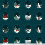 A repeating fabric pattern on a dark teal background featuring 16 oval winter woodland scenes with animals such as owls, foxes, deer, a rabbit, a raccoon, and birds in snowy settings. A white ruler strip appears along the bottom edge.
