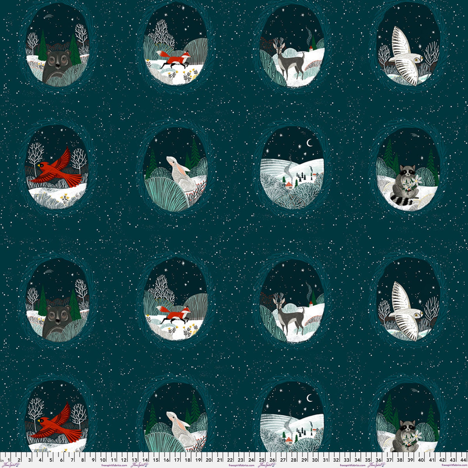 A repeating fabric pattern on a dark teal background featuring 16 oval winter woodland scenes with animals such as owls, foxes, deer, a rabbit, a raccoon, and birds in snowy settings. A white ruler strip appears along the bottom edge.