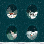 A fabric pattern featuring a dark teal night sky filled with white stars, with four circular woodland scenes: a fox in snow, a deer, a rabbit, and a snowy landscape with tiny houses. A ruler scale is visible along the bottom edge.