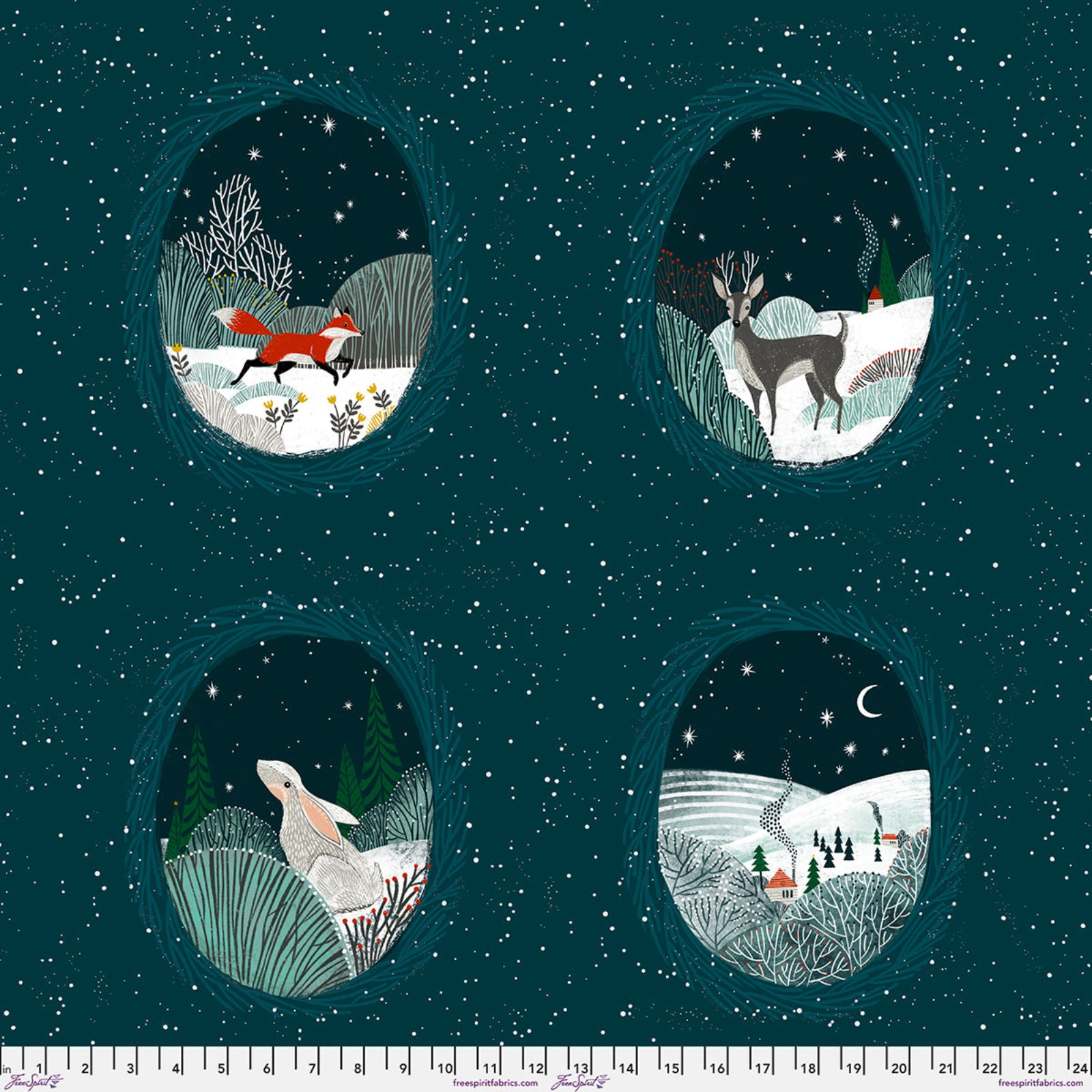 A fabric pattern featuring a dark teal night sky filled with white stars, with four circular woodland scenes: a fox in snow, a deer, a rabbit, and a snowy landscape with tiny houses. A ruler scale is visible along the bottom edge.