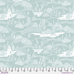 A repeating fabric pattern featuring a white stylized landscape with trees, hills, and small houses on a pale mint green background, with a measurement ruler along the bottom edge.