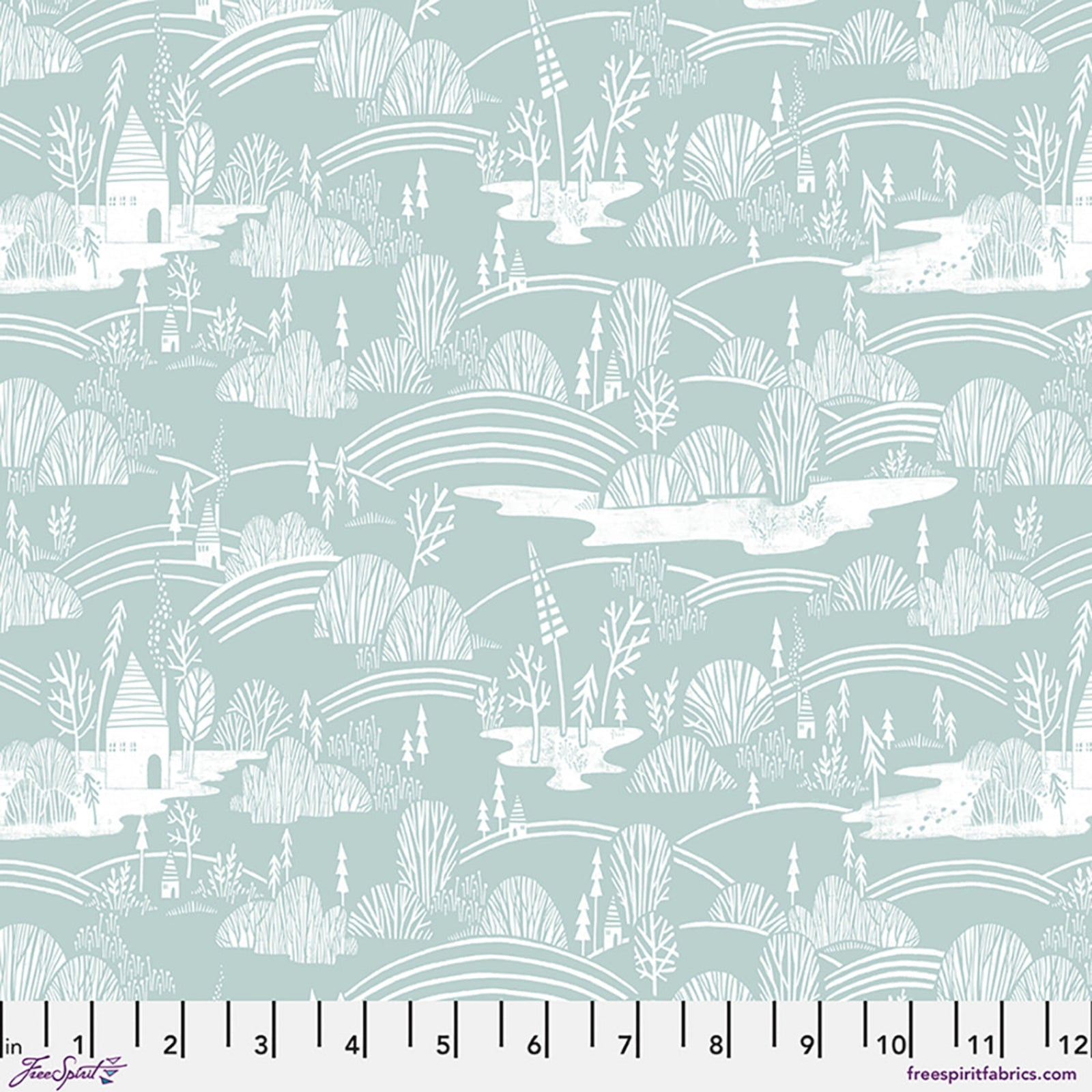 A repeating fabric pattern featuring a white stylized landscape with trees, hills, and small houses on a pale mint green background, with a measurement ruler along the bottom edge.