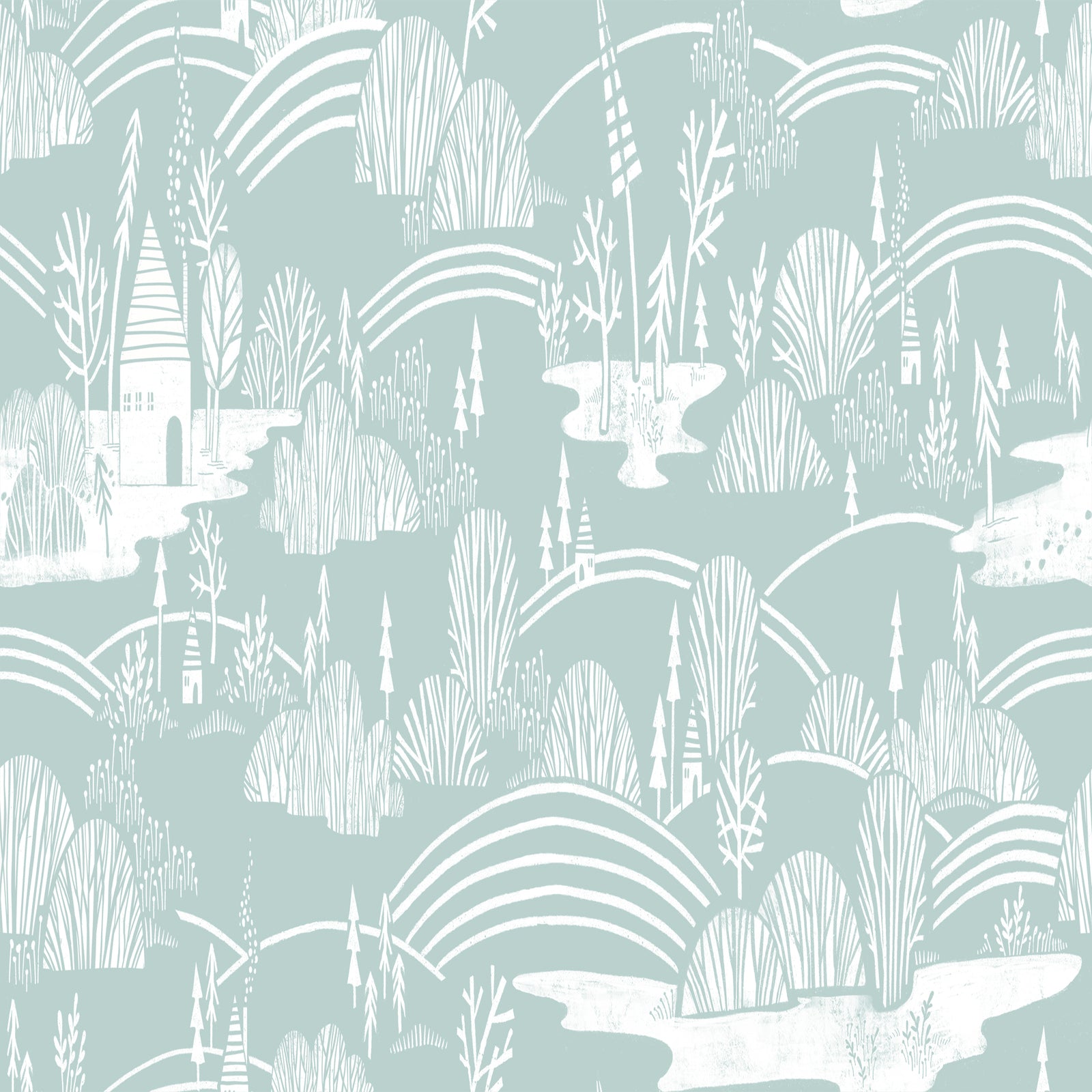A repeating illustrated pattern of a whimsical landscape with pale mint green and white stylized trees, hills, arches, and a small house, shown as a full-frame design rather than a photographed object.