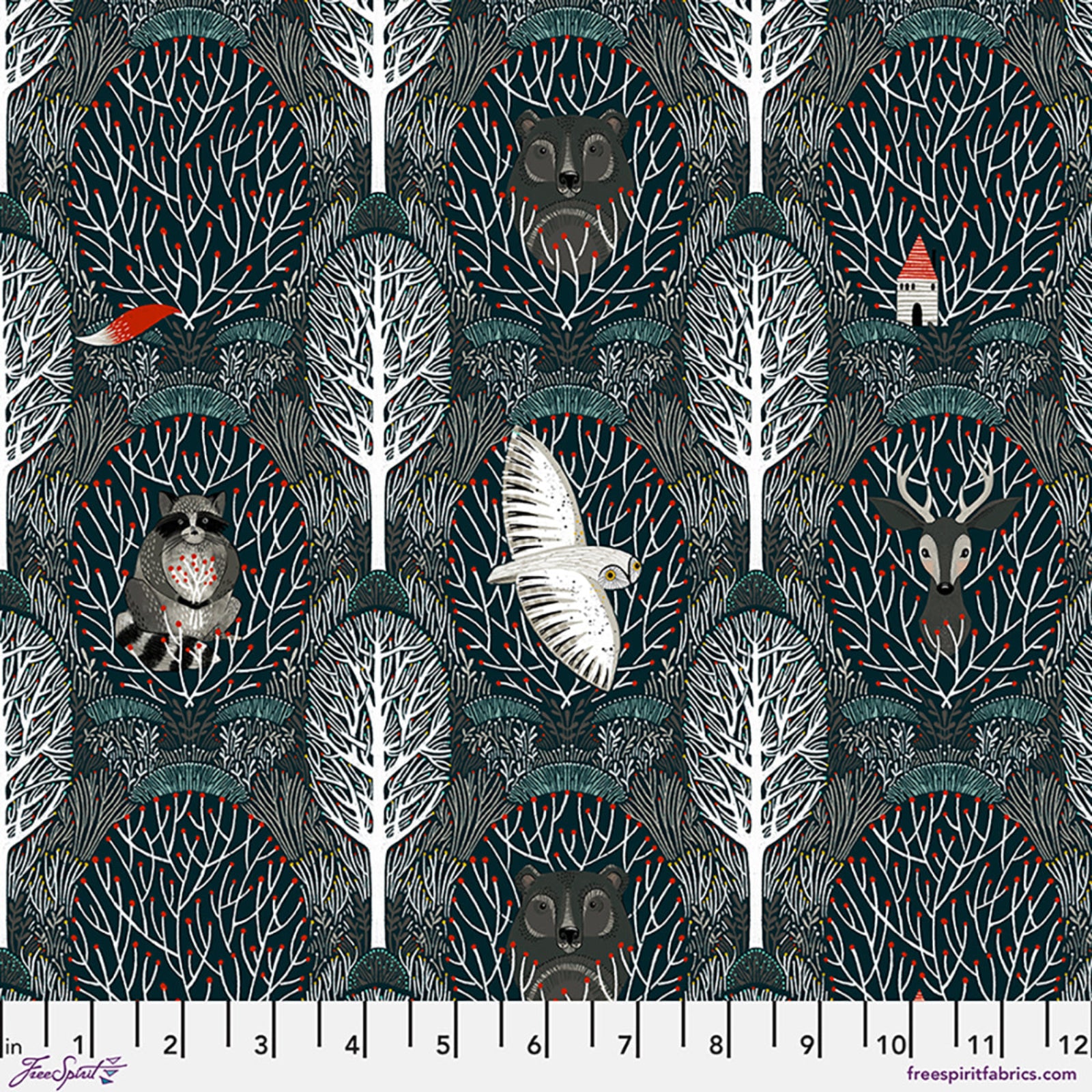 Patterned fabric with forest design featuring animals and trees on a black background.