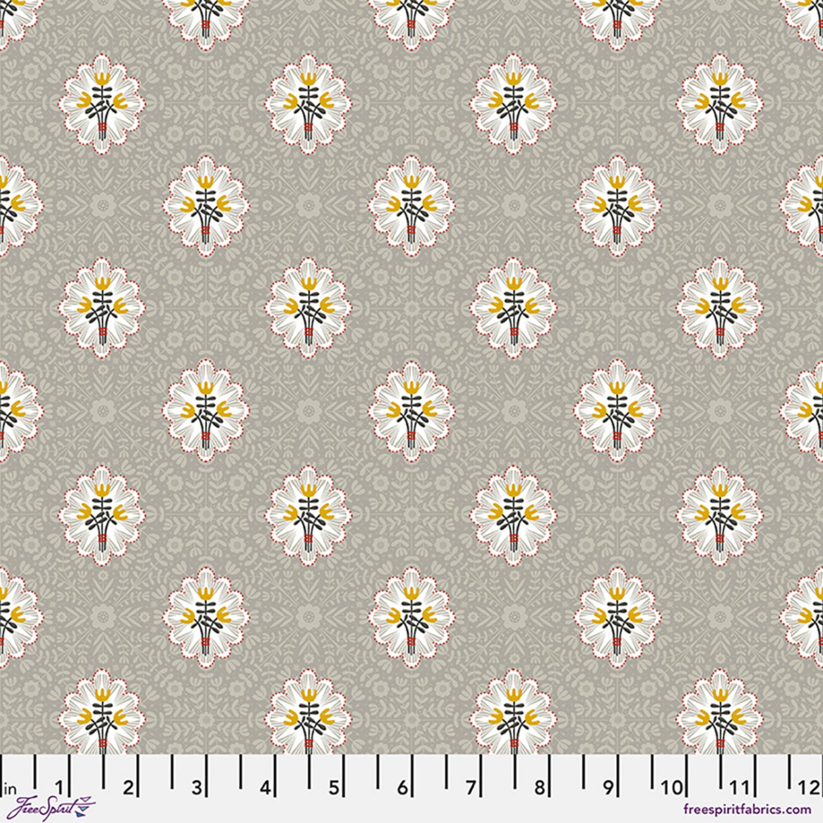 A repeating fabric pattern featuring stylized white flowers with yellow centers and gray stems, set on a warm taupe-gray background with a subtle geometric pattern. A ruler scale is visible along the bottom edge.