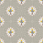 A repeating floral pattern on a warm gray background, featuring white daisy-like flowers with yellow centers, dark gray stems, and red dotted outlines.