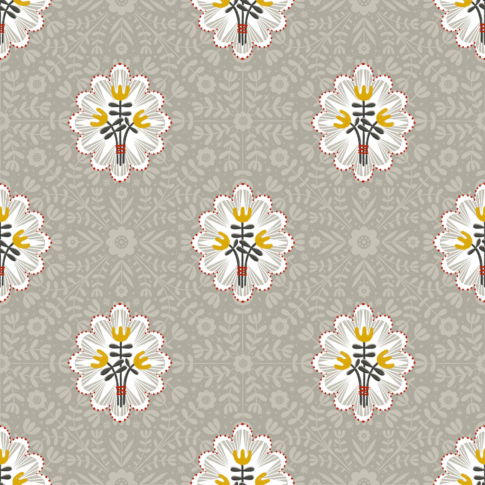 A repeating floral pattern on a warm gray background, featuring white daisy-like flowers with yellow centers, dark gray stems, and red dotted outlines.