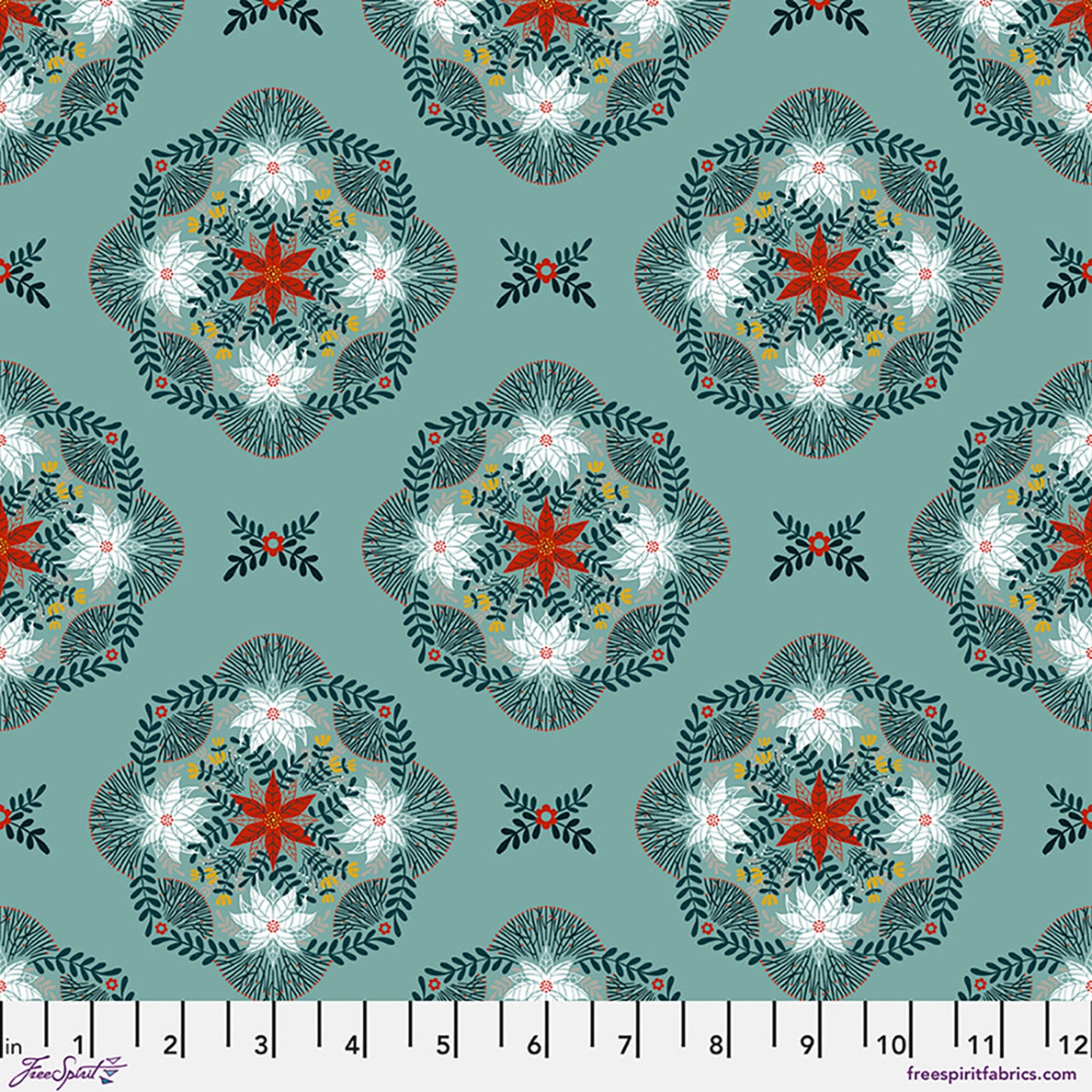 A repeating fabric pattern featuring intricate floral and geometric medallion motifs in teal, white, rust red, and dark green, with a white fabric ruler visible along the bottom edge.