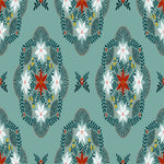 A repeating seamless pattern featuring ornate botanical medallions with white flowers, red starburst centers, dark green leaves, and small yellow accents on a muted teal background.