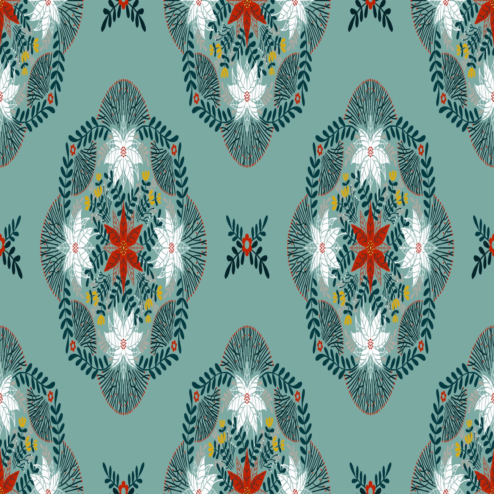 A repeating seamless pattern featuring ornate botanical medallions with white flowers, red starburst centers, dark green leaves, and small yellow accents on a muted teal background.