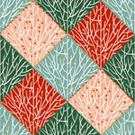 A repeating geometric pattern of diamond-shaped panels in coral pink, red, and pale blue, overlaid with white tree branch motifs and small red and yellow dots on a dark green background.