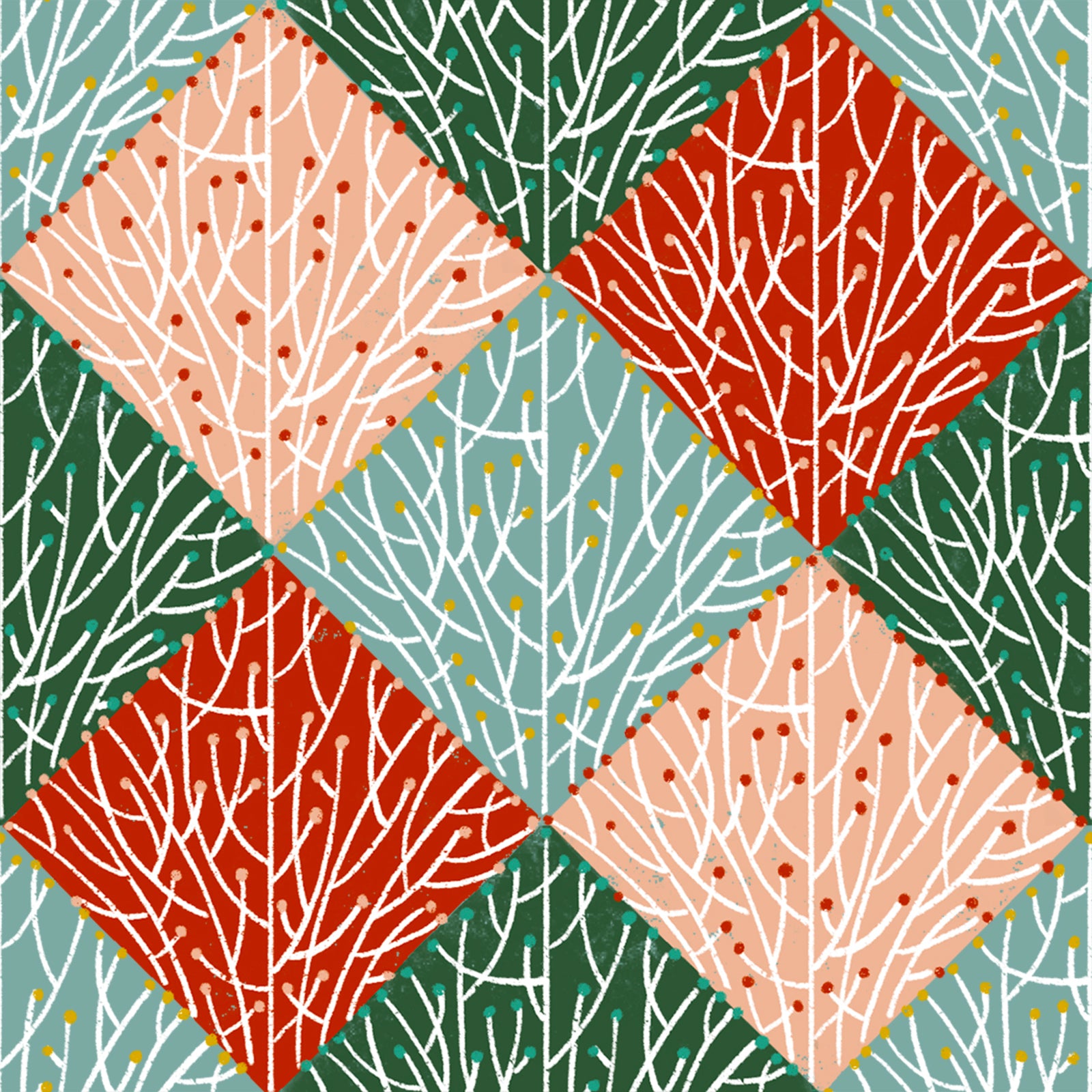A repeating geometric pattern of diamond-shaped panels in coral pink, red, and pale blue, overlaid with white tree branch motifs and small red and yellow dots on a dark green background.