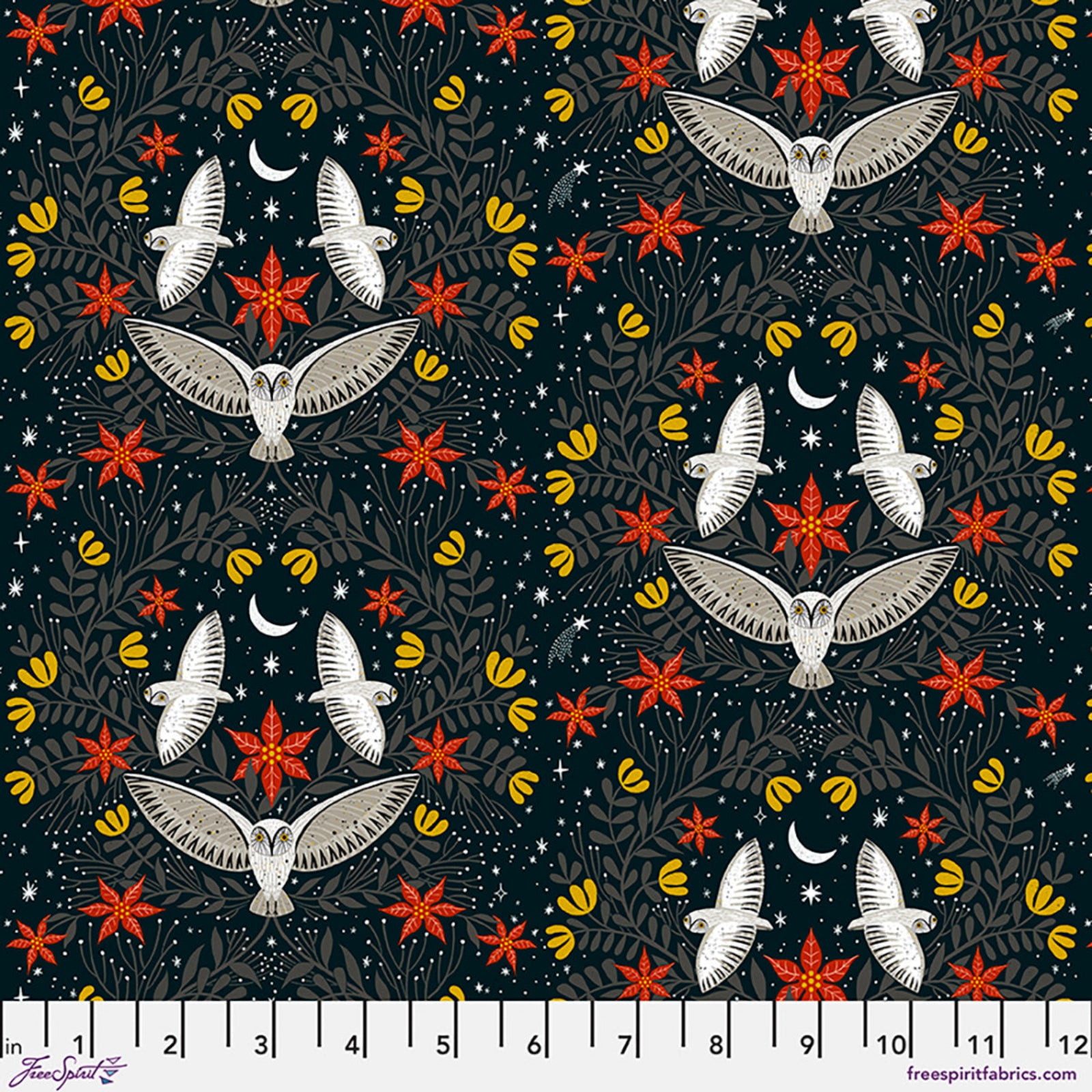 A repeating fabric pattern featuring white owls, red starburst motifs, yellow crescent moons, and small white stars on a dark navy background, with a white measurement ruler along the bottom edge.