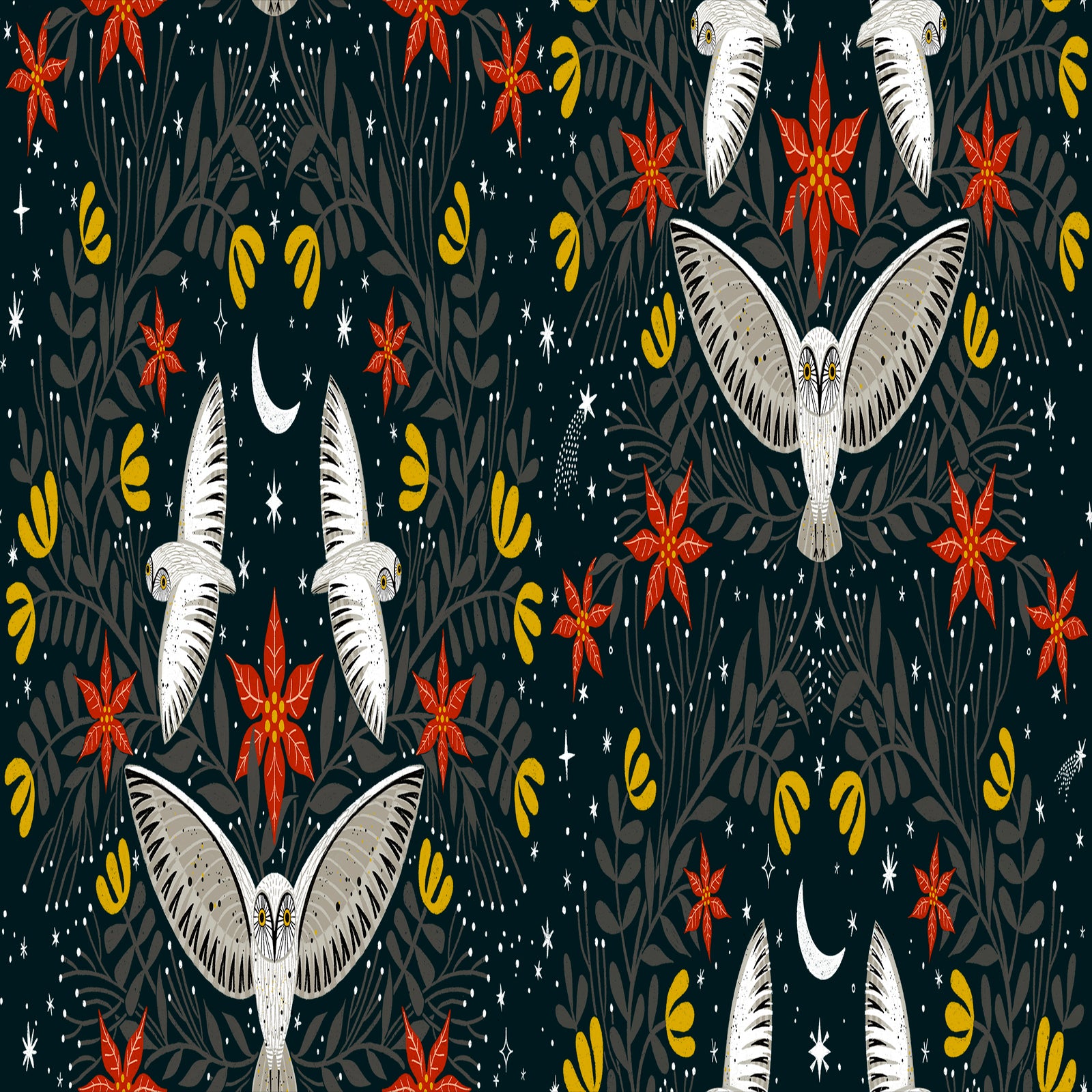 A repeating seamless pattern featuring stylized white owls, red star-shaped flowers, yellow crescent moons, and dark botanical silhouettes on a very dark navy background.