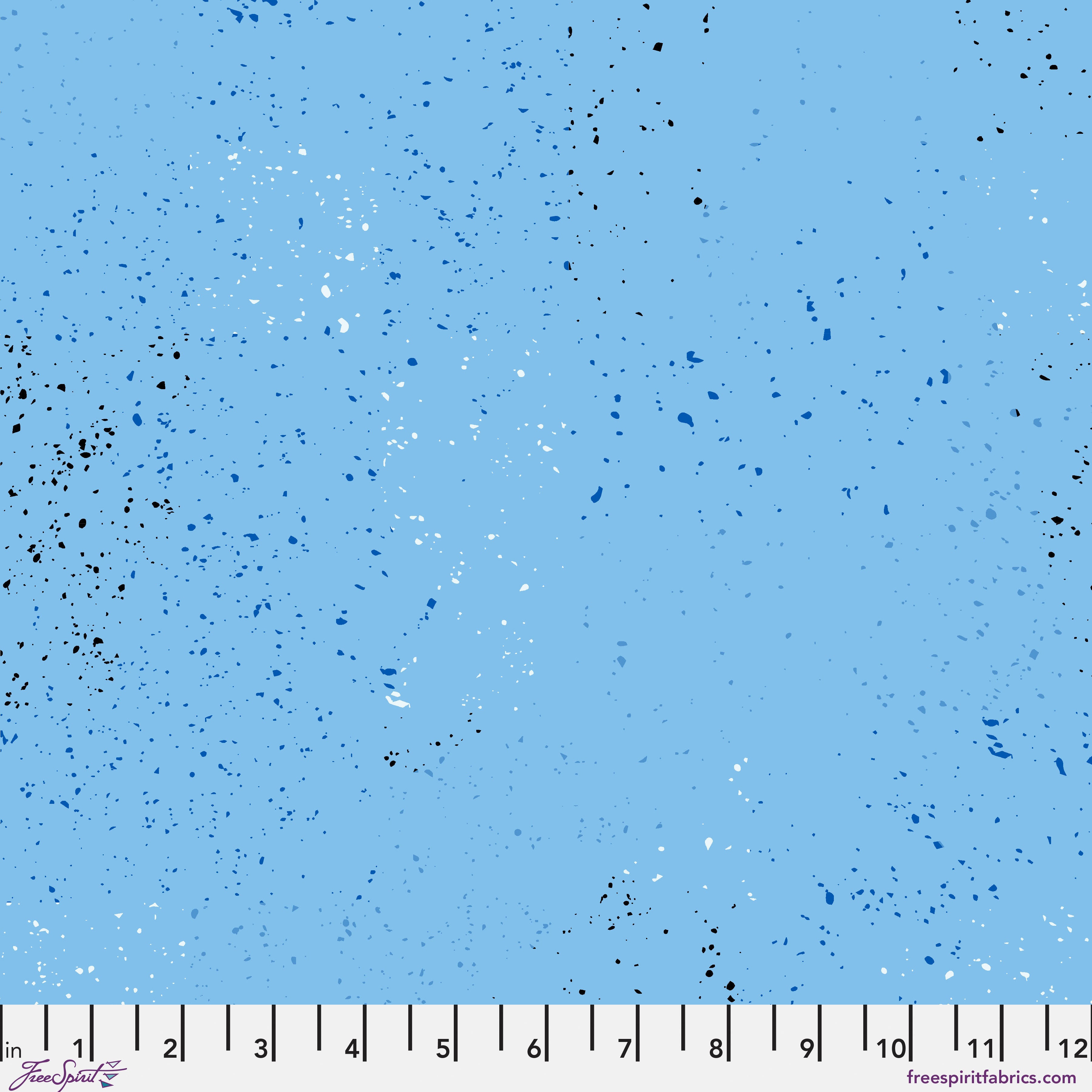Speckled pattern fabric swatch on a blue background.