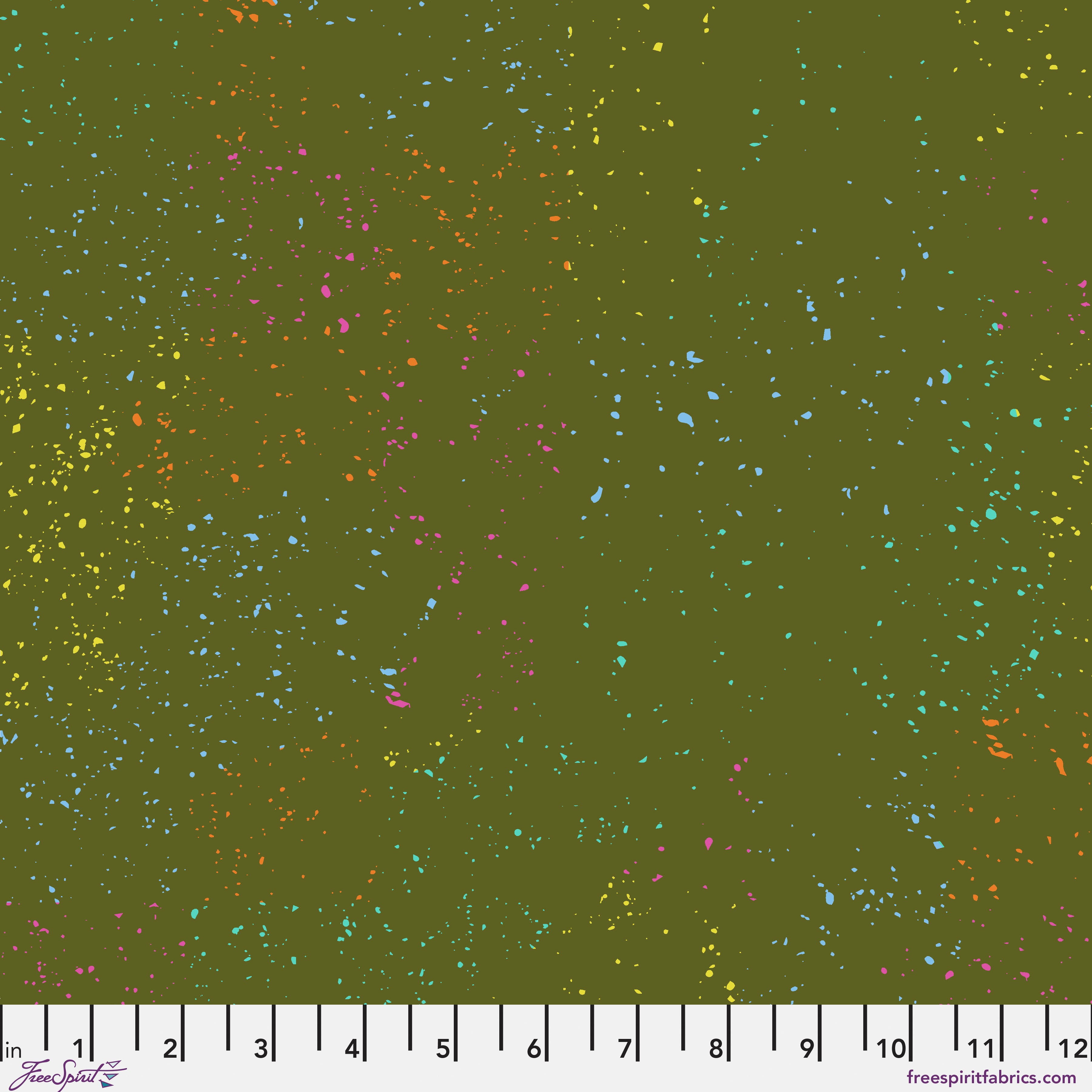 Multicolored speckles on a green background.