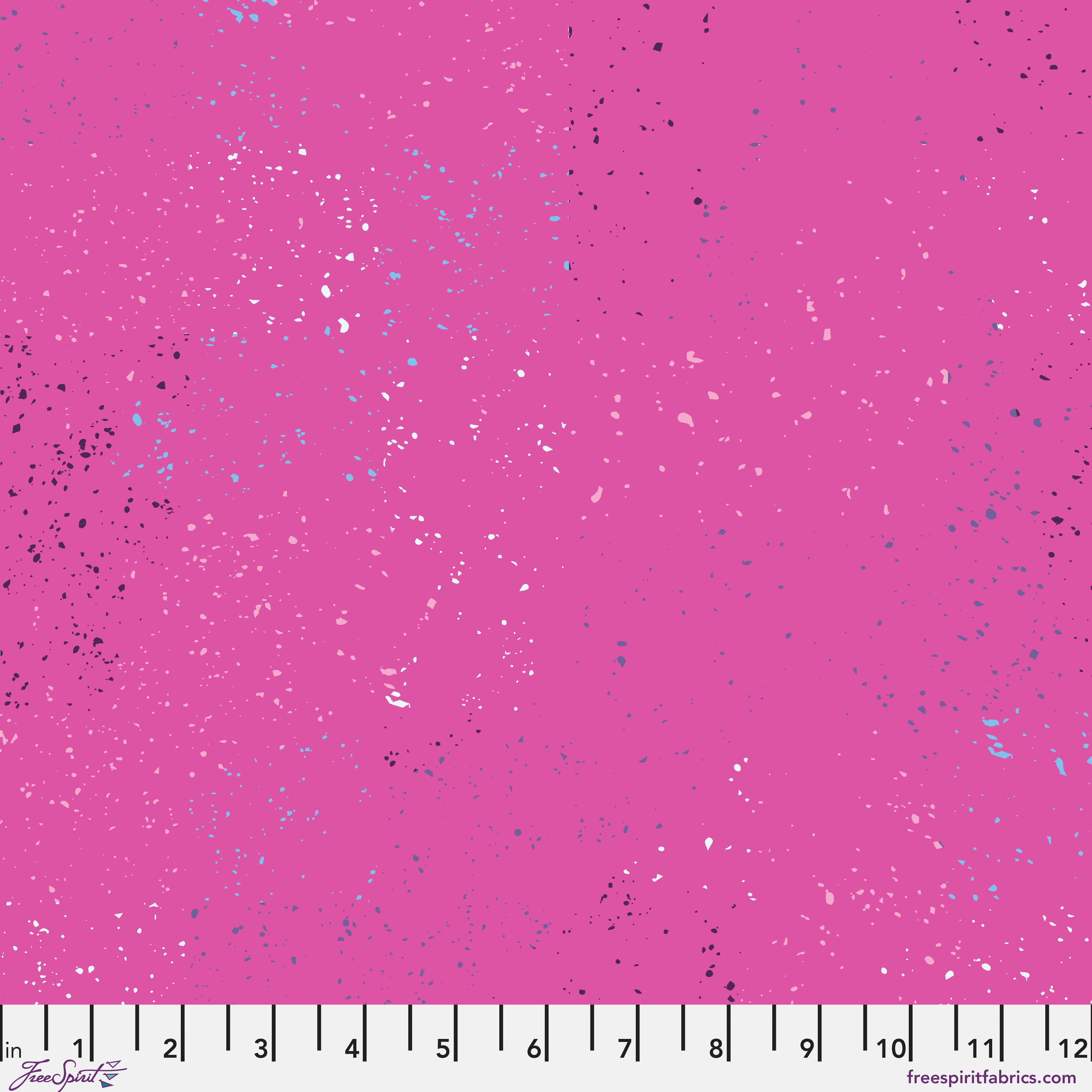 Pink fabric with blue and purple speckles.