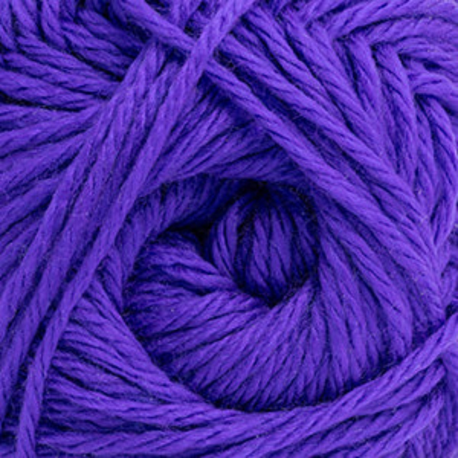 A close-up of a purple ball of yarn, showing the twisted plies and soft texture of the fiber.