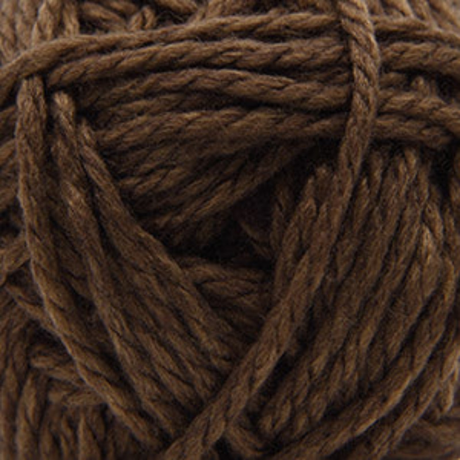 A close-up of thick, twisted brown yarn strands filling the frame.