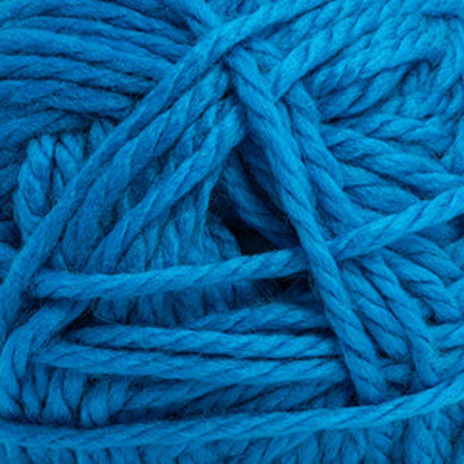 A close-up of bright turquoise blue yarn strands twisted into a ball, filling the entire frame.
