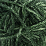 A close-up of dark green variegated yarn strands, showing the fuzzy texture and twisted ply structure of the fiber.