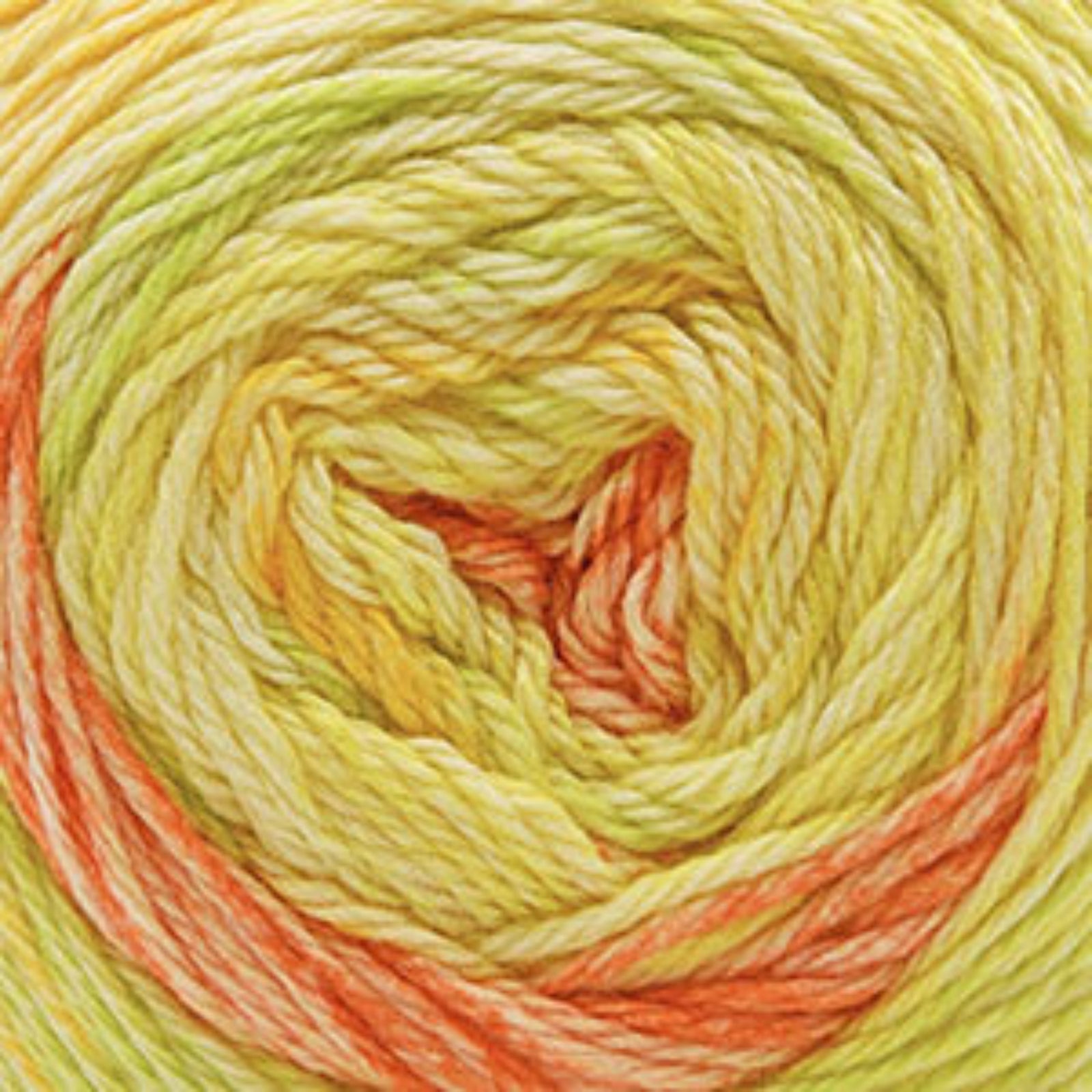 A close-up of variegated yarn wound in a spiral, showing a color-shifting pattern with pale yellow, light green, and peach-orange tones.