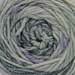 A close-up of a coiled skein of variegated yarn with blended shades of gray, lavender purple, and off-white.