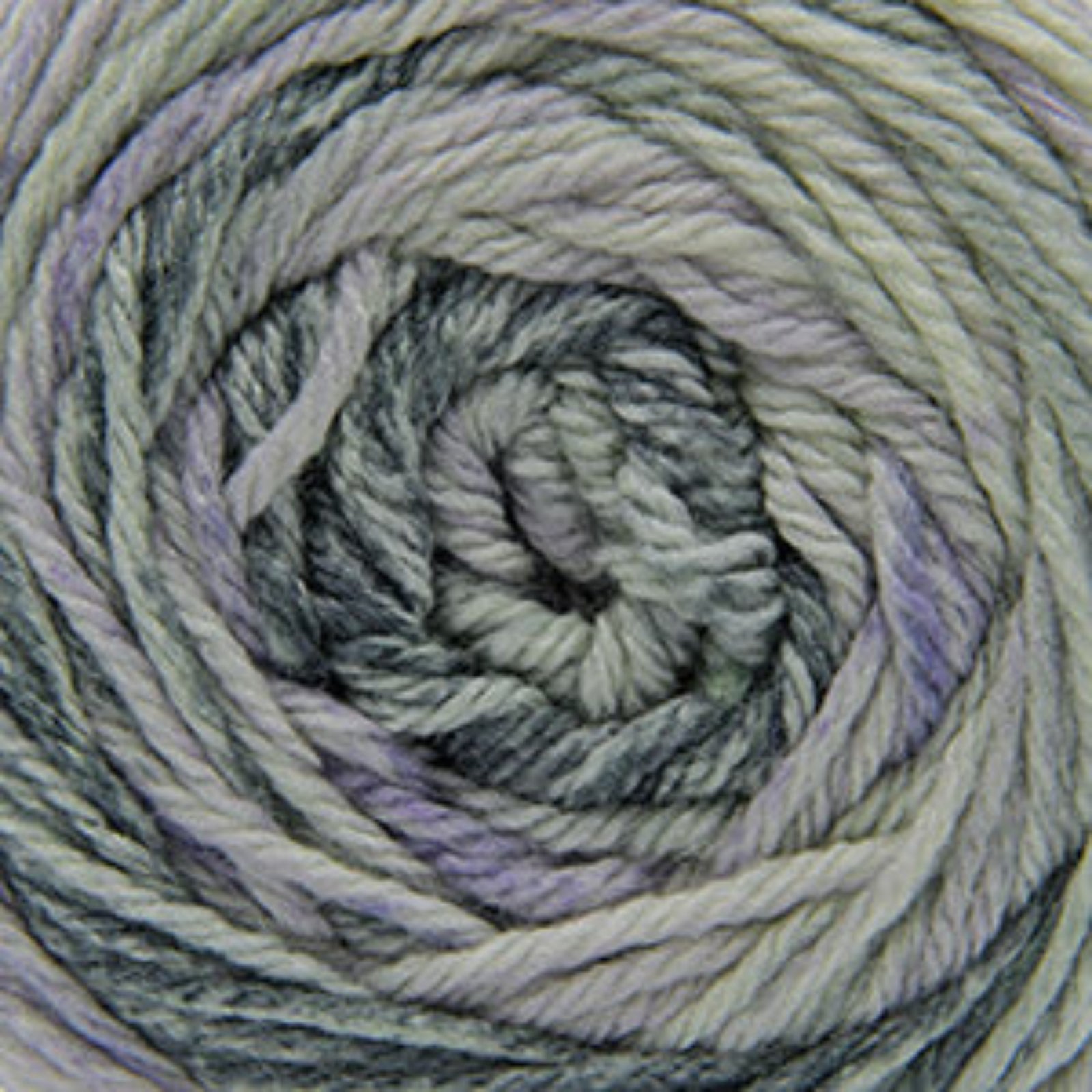 A close-up of a coiled skein of variegated yarn with blended shades of gray, lavender purple, and off-white.