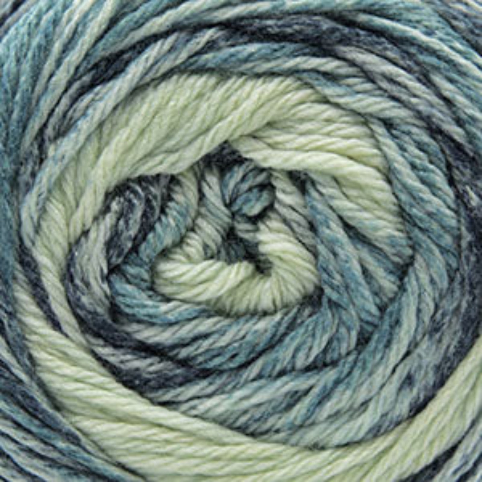 Close-up of a skein of multicolored yarn with shades of blue and green.