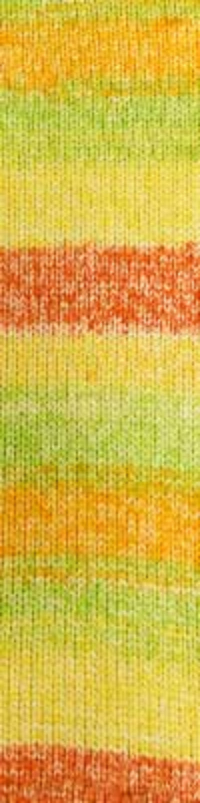 A close-up of a striped knit fabric with horizontal bands of yellow, orange, and light green.