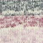 A close-up of a knit fabric texture with horizontal stripes in dusty pink, sage green, and off-white.