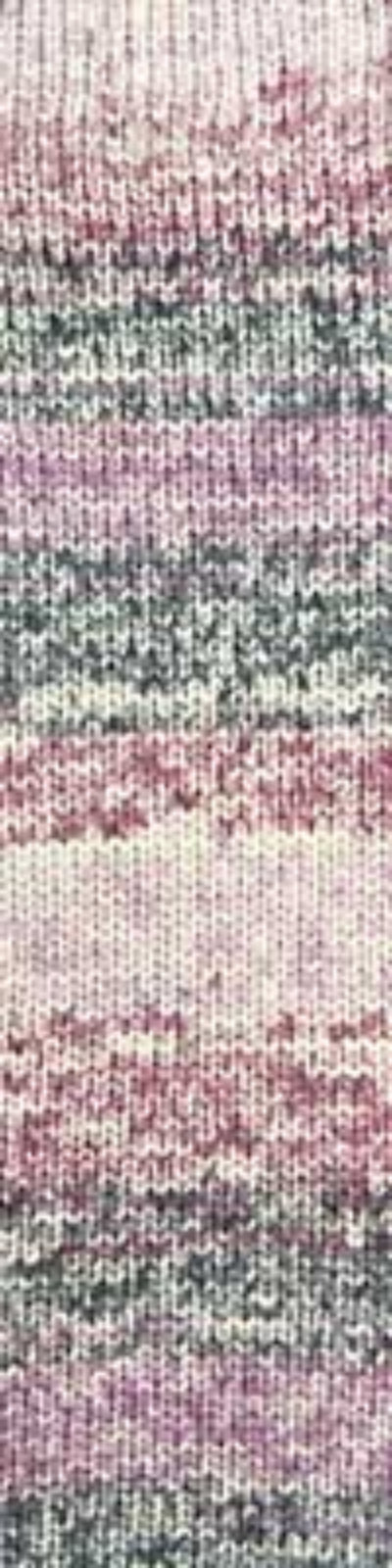 A close-up of a knit fabric texture with horizontal stripes in dusty pink, sage green, and off-white.