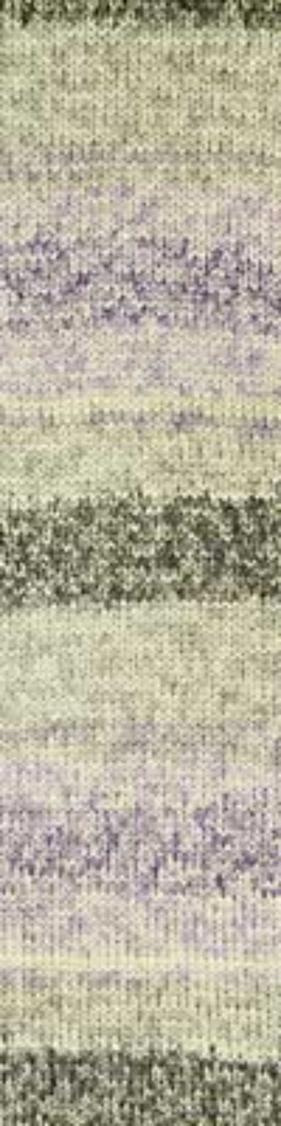A close-up of a textured knit fabric with horizontal stripes in muted lavender, olive green, and cream.