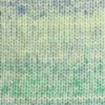 A close-up of a textured knit fabric with horizontal stripes in light green, blue, and off-white.
